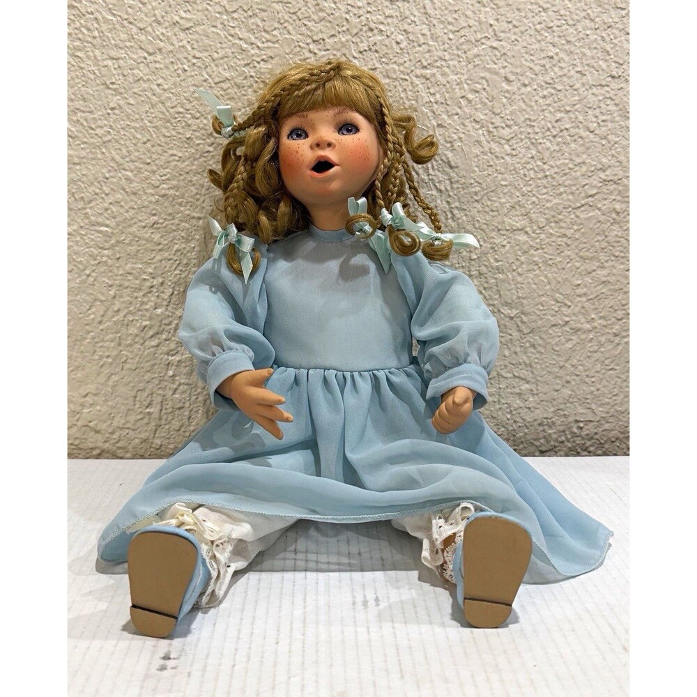 Vintage Style Girl Doll Blue Dress Braided Curly Hair Freckles Collectible
